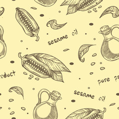 Pure product, sesame oil in bottle seamless print