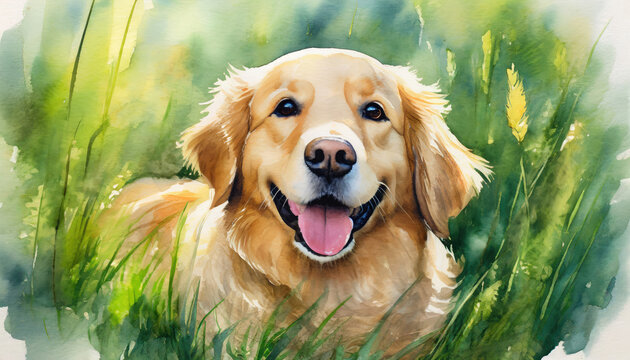 Watercolor painting, majestic and energetic golden retriever sits in a picturesque clearing decorated with bright and colorful flowers, while the warm sunlight emits a beautiful glow