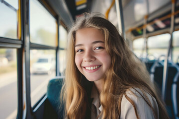 Charming pretty smiling teenage girl posing inside a school bus looking at the camera