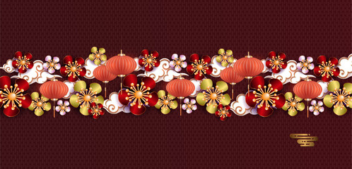 Flower garland with clouds and balloons on a brown texture background. - obrazy, fototapety, plakaty