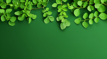 Fresh moringa leaves on green background. Top view with copy space, Generate AI.