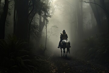 Silhouette of a rider on a horse in the foggy forest, AI Generated