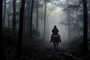 Man riding a horse in the misty forest. 3d rendering, AI Generated