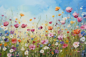 Oil painting of colorful flowers in the meadow. Digital painting, AI Generated