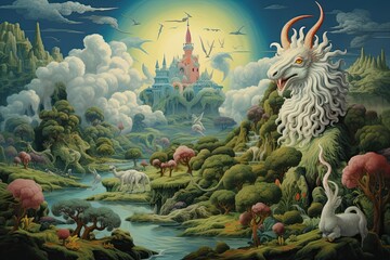 Fantasy scene with dragon and other animals. 3D illustration, AI Generated