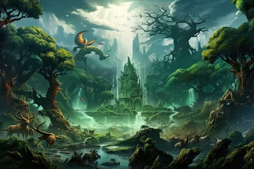 Cercles muraux Forêt des fées cartoon scene with fantasy castle and dragon - illustration for the children, AI Generated
