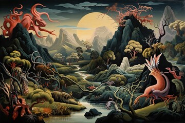 Fantasy landscape with a river and a dragon. 3d illustration, AI Generated