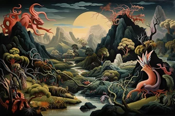 Papier Peint photo Montagnes Fantasy landscape with a river and a dragon. 3d illustration, AI Generated