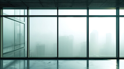 Fototapeta na wymiar A view of a city from a large window with mist foggy view, suitable for use as background or concept art in urban and architectural design projects, real estate marketing, or travel-related materials.