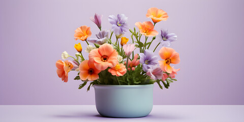 Spring flowers in bucket,  Purple tulips in vase with copy space.