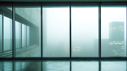 A view of a city from a large window with mist foggy view, suitable for use as background or concept art in urban and architectural design projects, real estate marketing, or travel-related materials.