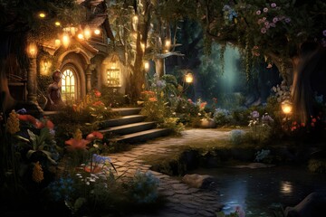 3D rendering of a fairy tale scene in the garden at night, AI Generated - obrazy, fototapety, plakaty