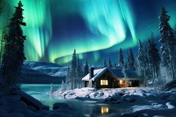 Aurora borealis northern light above house in winter forest, AI Generated