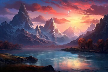 Fototapeta na wymiar Fantasy landscape with mountains and lake at sunset. Digital painting, AI Generated