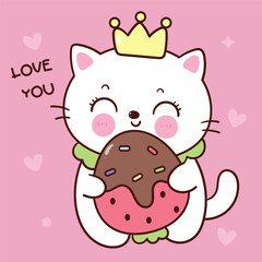 Valentine cat cute cartoon hug sweet strawberry (kitten playing). Series: love festival kawaii animals character. 