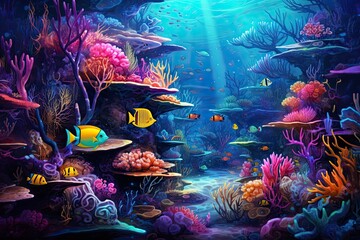 Obraz na płótnie Canvas Underwater world with corals and tropical fish. 3D illustration, AI Generated