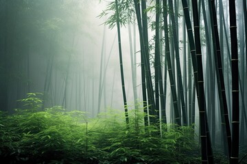 Bamboo forest in the morning mist. Nature background. Bamboo forest, AI Generated