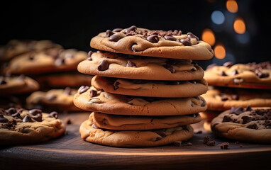close up chocolate chip cookies  on wooden table on dark background