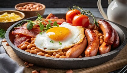  A glistening fried egg, its sunny yolk spilling onto a bed of golden sausages, crispy bacon, fluffy baked beans, and grilled tomatoes