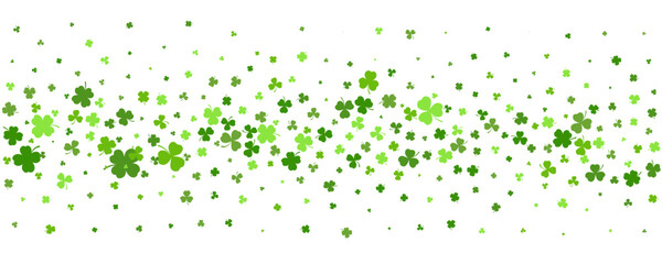 Shamrock clover background. St. Patrick day green leaves border. Celtic spring party design. Floral flying confetti for banner and poster. Vector - obrazy, fototapety, plakaty