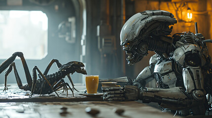 Futuristic aliens or monsters with tentacles. Scene of science fiction space invaders galaxy monsters, extraterrestrial species. Sci-fi galactic life concept.