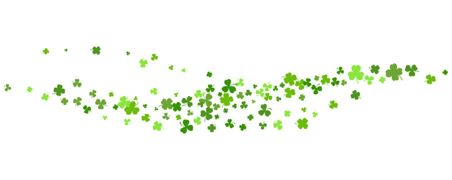 St. Patrick Day shamrock clover background. Wavy vector border with flying green leaves for posters banners and greeting cards.