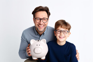 Caucasian smiling father and son with a piggy bank in his hands,