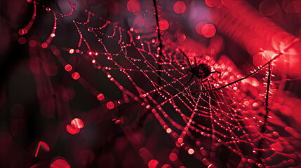 a  spider web with red lights on dark background, spider web with dew