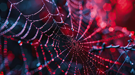 a  spider web with red lights on dark background, spider web with dew - obrazy, fototapety, plakaty