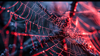 a  spider web with red lights on dark background, spider web with dew - obrazy, fototapety, plakaty