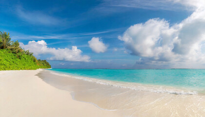 Beautiful sandy beach with white sand and rolling calm wave of turquoise ocean on Sunny day on background white clouds in blue sky. Island in Maldives, colorful perfect panoramic natural landscape ; 