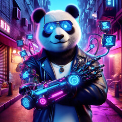 A panda bear with cyberpunk, the panda looks very cool and has sunglasses, Generated Ai Image