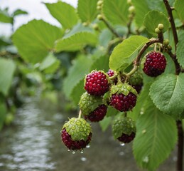 Ripe blackberries on a branch with green leaves in the garden