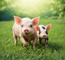 Two cute little piglets standing on a green grass field. Concept of healthy nutrition.