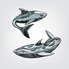 Vector illustration of isolated cartoon sharks