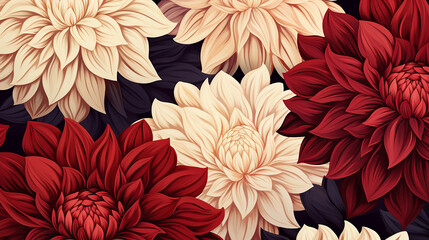 abstract background seamless pattern with dahlia flowers in red and cream