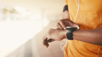 Hands, watch and set time for exercise outdoor, health tracker and cardio with fitness tech. Measure heart rate for training or workout with athlete person and clock, cardiovascular and wellness