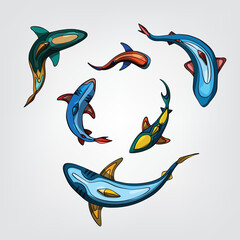 Vector illustration of isolated cartoon sharks
