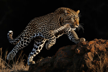 A leopard in mid-leap, showcasing its agility and strength