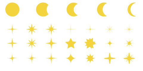  Set of star and moon elements of various shapes. Vector sparkling stars and moons. 