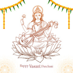 Vasant panchami on indian god saraswati maa sketch religious card design