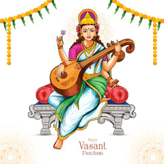 Vasant panchami on indian god saraswati maa religious card background