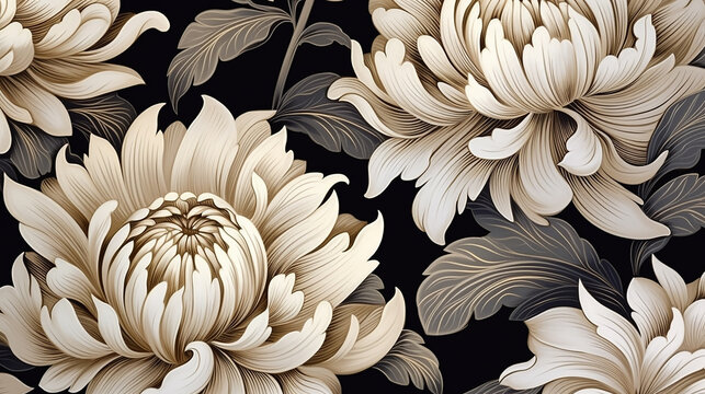 vintage luxury seamless floral background with golden dahlia on black background