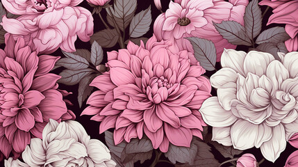 hand drawn floral pattern with camelia and dahlia in white and pink