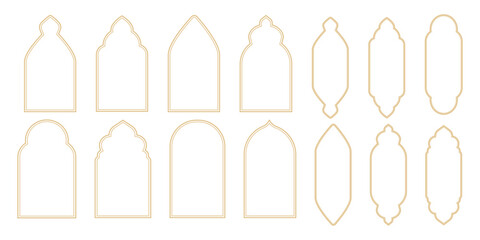 Set Islamic arch frame golden minimal line border isolated on white background. Boho gold muslim door, window decoration.