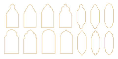 Set Islamic arch frame golden minimal line border isolated on white background. Boho gold muslim door, window decoration.