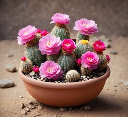 Obraz premium Cactus with pink flowers in clay pot on sand background, selective focus