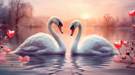 Couple of swan on romantic valentines background. Valentine's day greeting card, in love