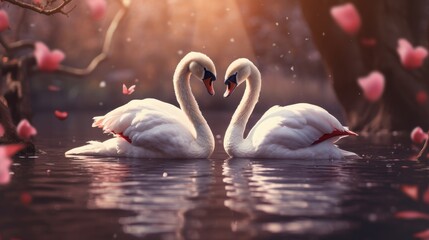 Couple of swan on romantic valentines background. Valentine's day greeting card, in love