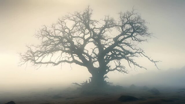 A haggard skeletal tree stood alone in a thick blanket of fog cloaked in an ethereal light.